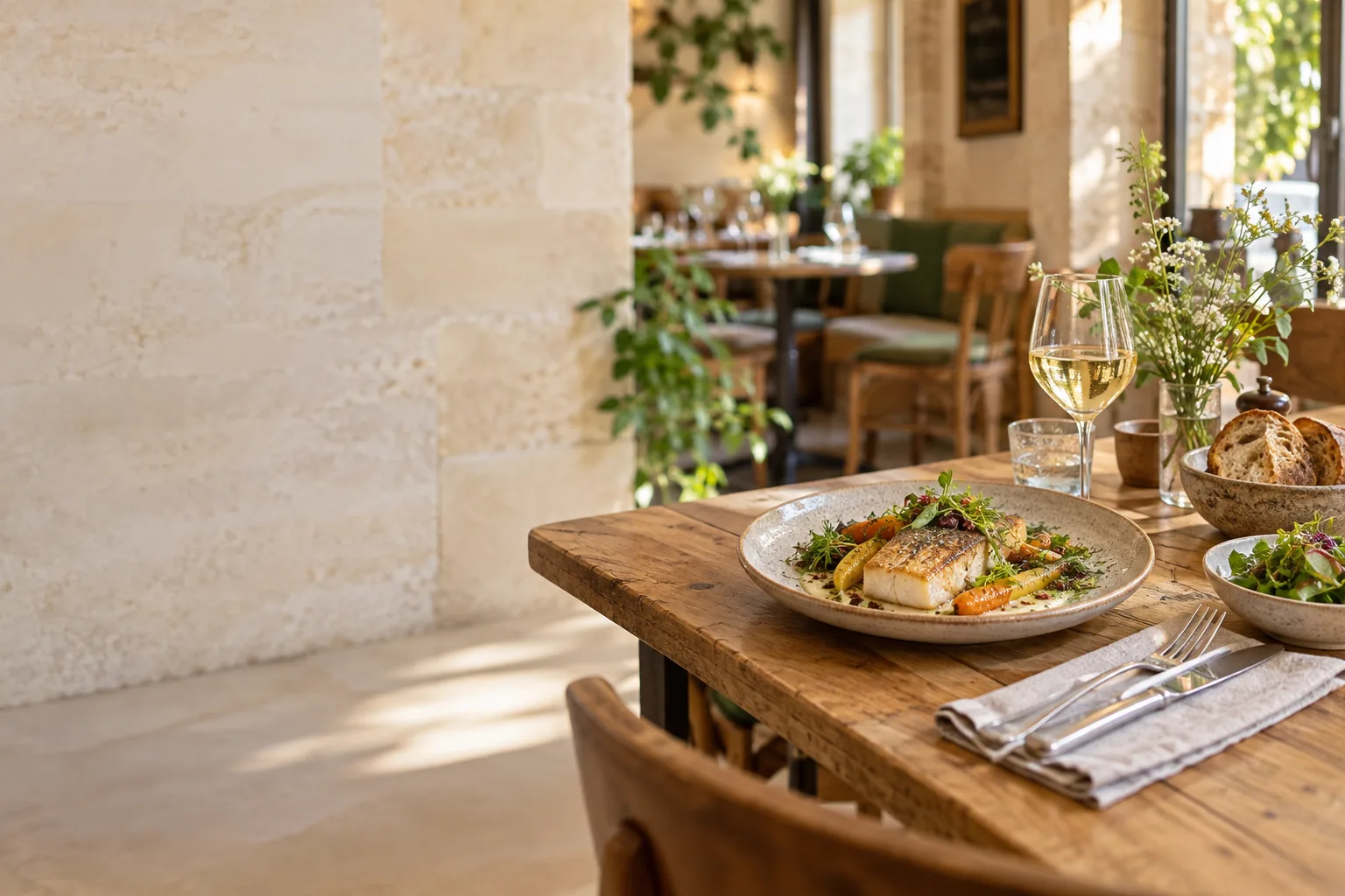 Table de déjeuner dans un bistrot lumineux, illustration éditoriale